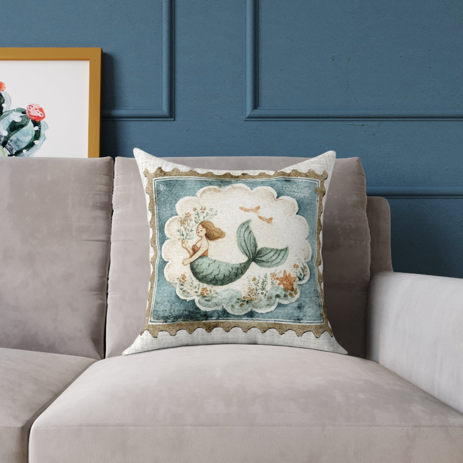 Vintage mermaid stamp throw pillow